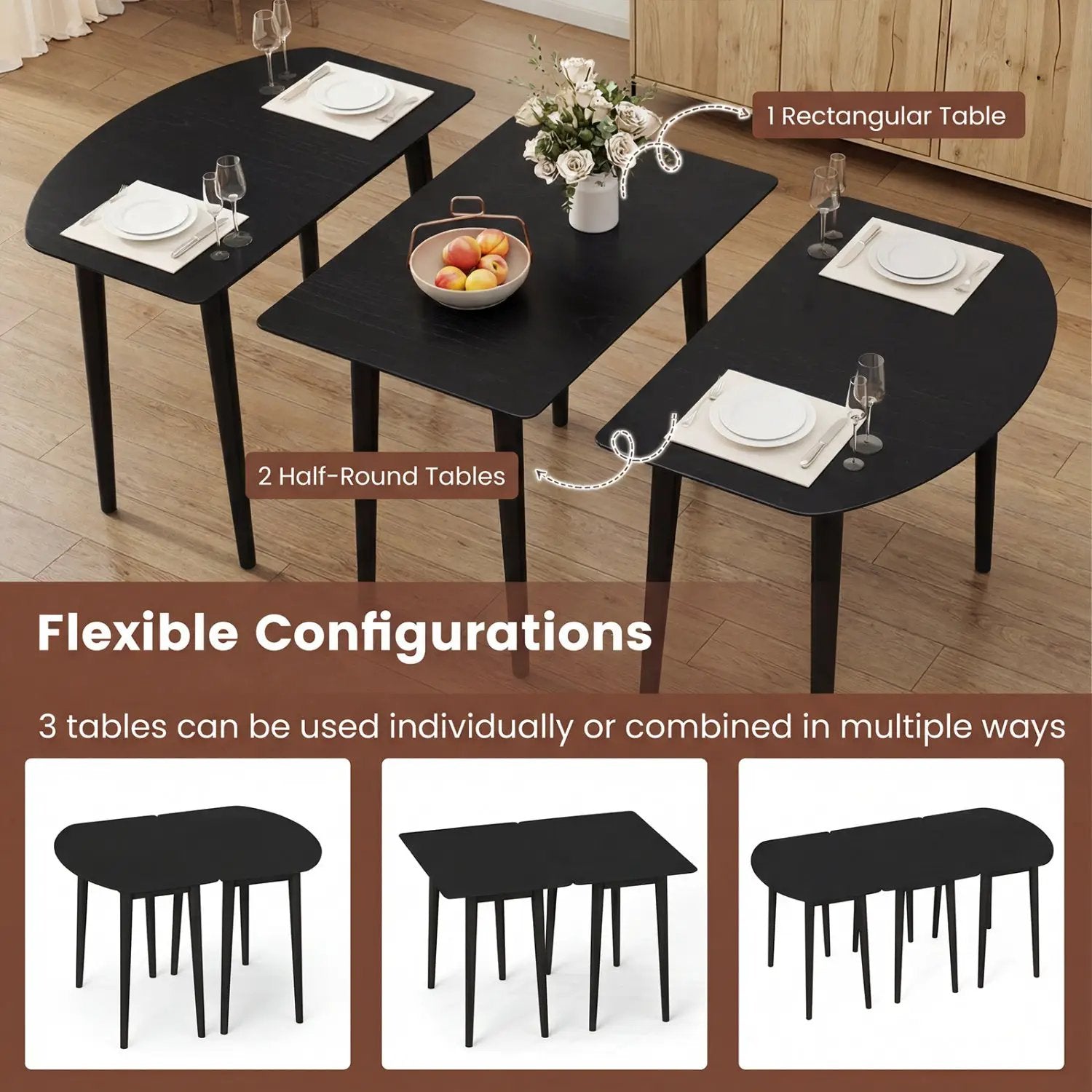 Extendable Oval Dining Table Set with 2 Half-Round Tables for 4-6 People by DirectDeals