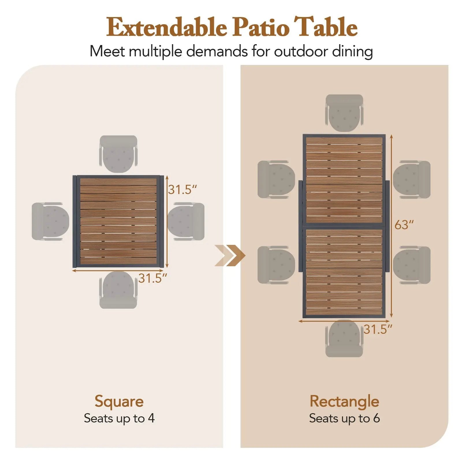31.5-63 Inches Extendable Patio Table for 4-6 People-Natural by DirectDeals