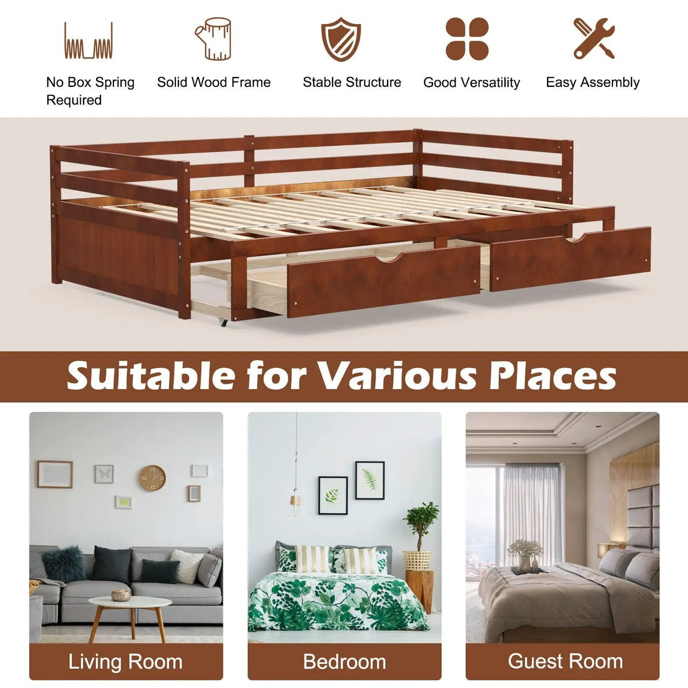 Extendable Twin to King Daybed with Trundle and 2 Storage Drawers by DirectDeals