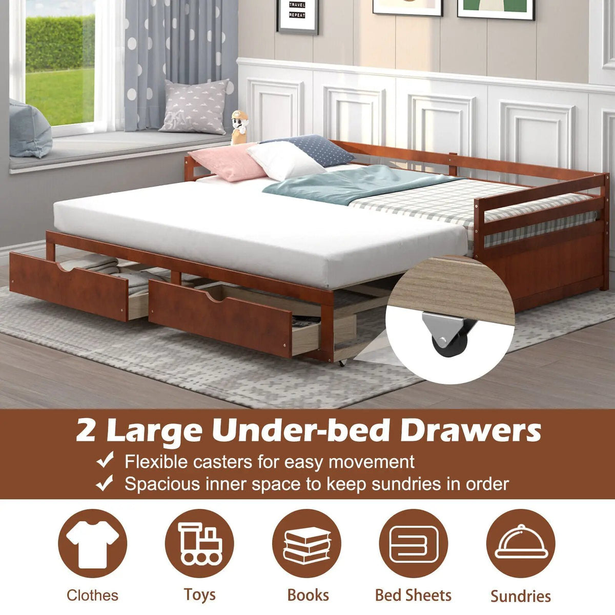 Extendable Twin to King Daybed with Trundle and 2 Storage Drawers by DirectDeals