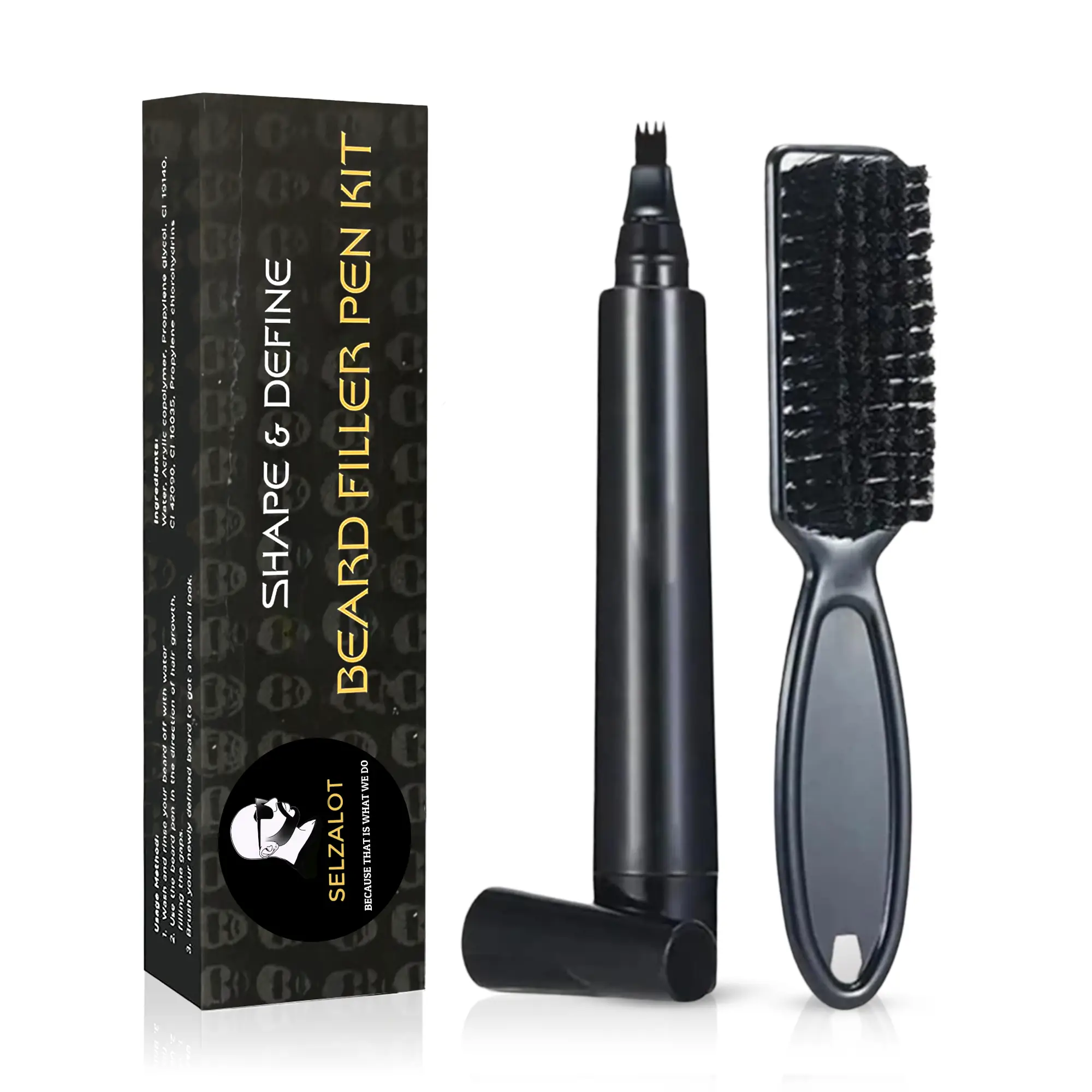 SELZALOT 4-Tip Beard Filler Pen Kit - Waterproof, Sweat-Proof, Long-Lasting Coverage for a Fuller Beard with Brush by Selzalot