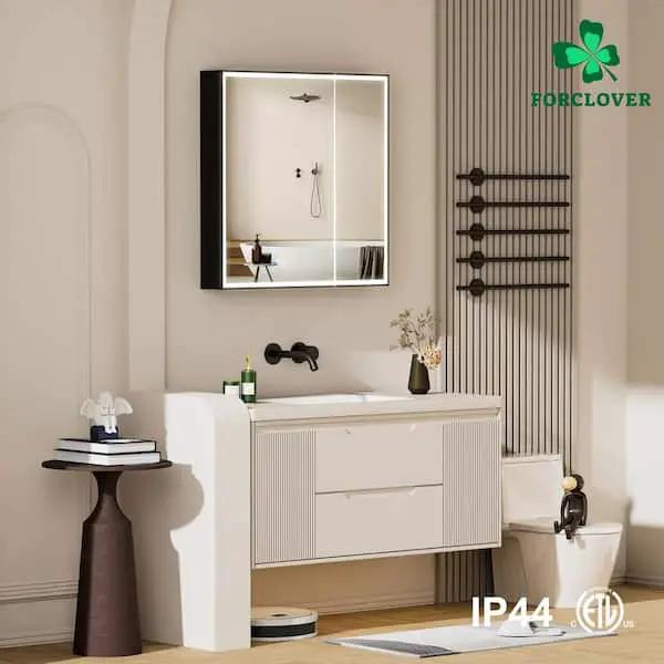 Open Box FORCLOVER 30 in. W x 30 in. H Rectangular Black Aluminum Recessed/Surface Mount LED Medicine Cabinet with Mirror,Outlet,Soft Close by Selzalot
