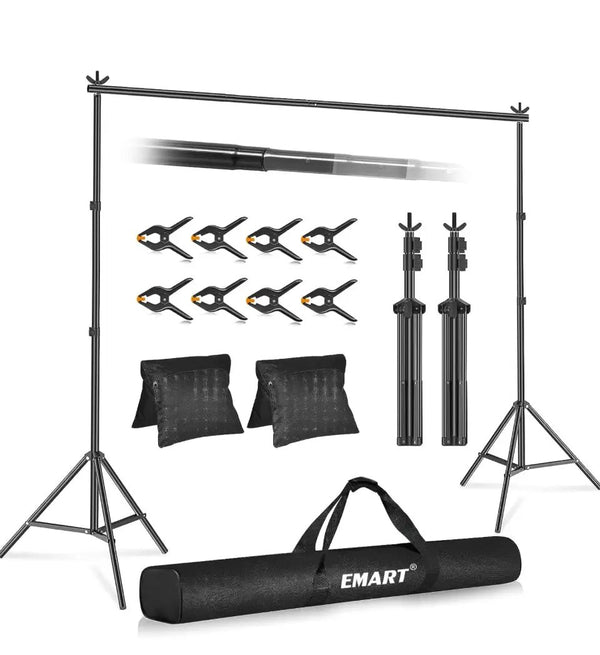 EMART Backdrop Stand 10x7ft(WxH) Photo Studio Adjustable Background Stand Support Kit with 2 Crossbars, 8 Backdrop Clamps, 2 Sandbags and Carrying Bag