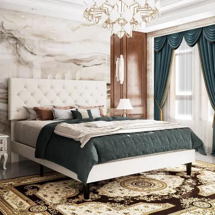 Full White Faux Leather Upholstered Platform Bed with Button-Tufted Headboard by HomePacific