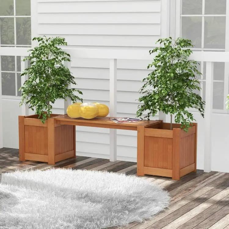 Farmhouse Durable Outdoor Wooden Planter Box with Garden Bench by HomePacific