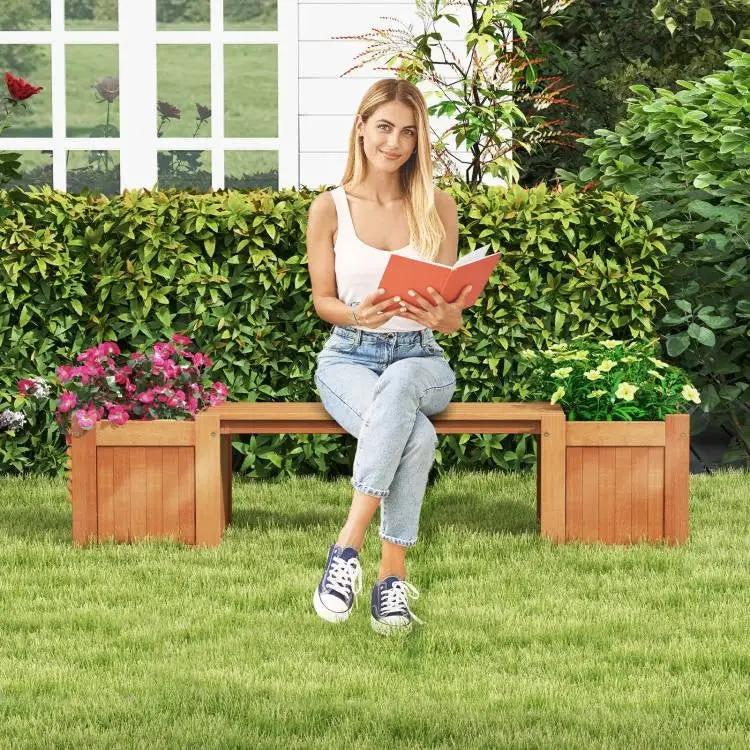 Farmhouse Durable Outdoor Wooden Planter Box with Garden Bench by HomePacific