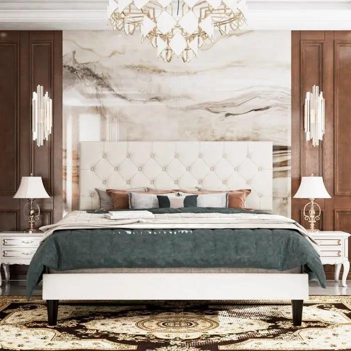Queen White Faux Leather Upholstered Platform Bed with Button-Tufted Headboard by HomePacific