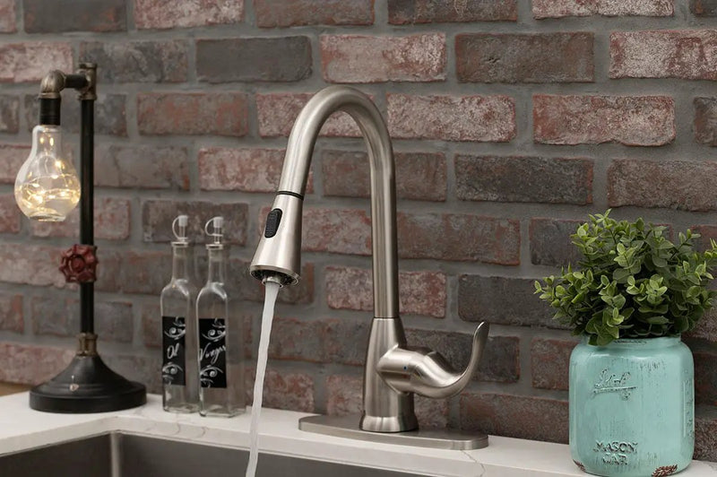 1 Handle Pull-down Sprayer Kitchen Faucet 803 Brushed Nickel Tiles in a finished room