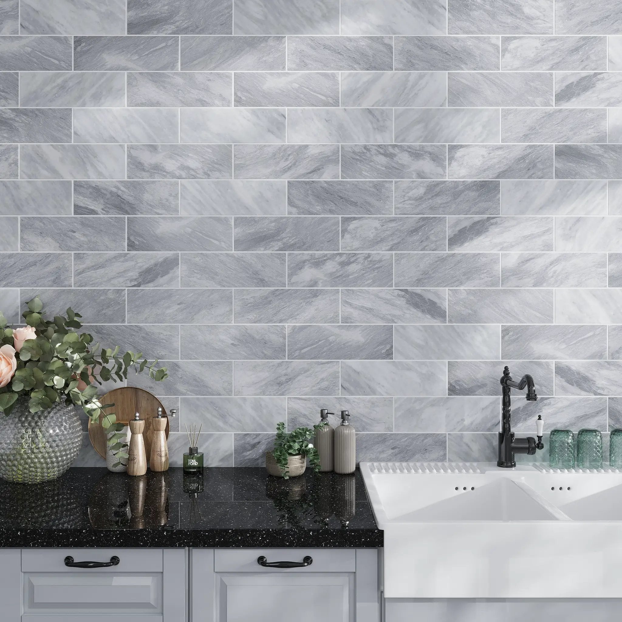 Gray 4x12 Honed Subway Bardiglio Nuvolato Marble Tile (15 pack, 5 sq ft/case) by Apollo Tile