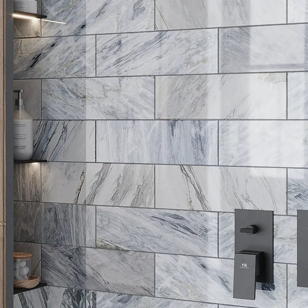 Gray 4x12 Polished Subway Calacatta Bluette Marble Tile (15 pack, 5 sq ft/case) by Apollo Tile