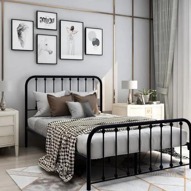 Full size Classic Black Metal Bed Frame with Slatted Headboard and Footboard by HomePacific
