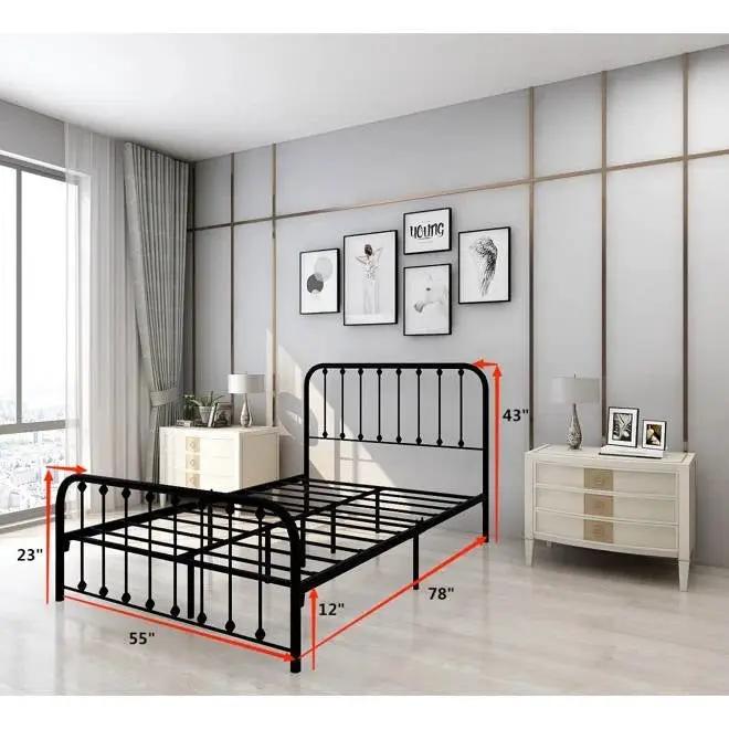 Full size Classic Black Metal Bed Frame with Slatted Headboard and Footboard by HomePacific