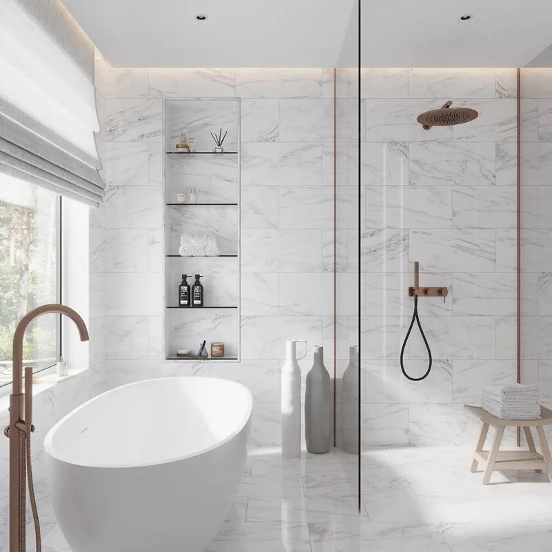 White 12x24 Polished Field Bianco Carrara Marble Tile (5 pack, 10 sq ft/case) by Apollo Tile