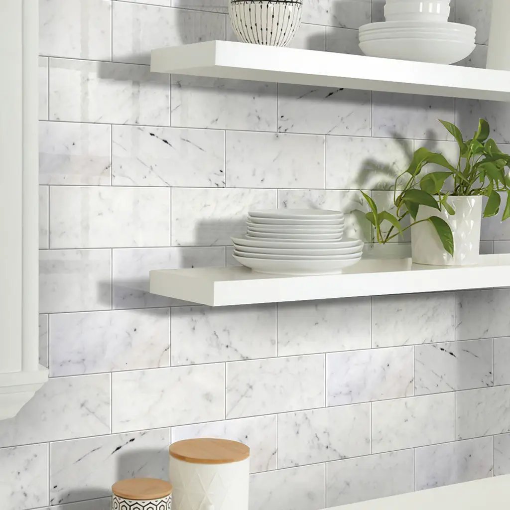 White 3x6 Polished Subway Bianco Carrara Marble Tile (40 pack, 5 sq ft/case) by Apollo Tile