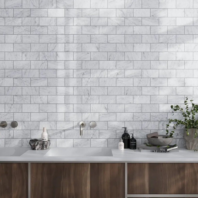 White 3x6 Polished Subway Bianco Carrara Marble Tile (40 pack, 5 sq ft/case) by Apollo Tile
