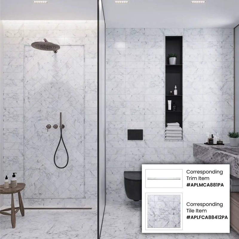White 0.5x12 Polished Bianco Carrara Pencil Marble Tile Trim (10 pack, 0.5 sq ft/case) by Apollo Tile
