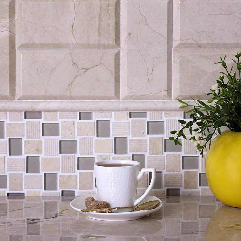Beige 3x6 Polished Beveled Subway Crema Marfil Marble Tile (40 pack, 5 sq ft/case) by Apollo Tile