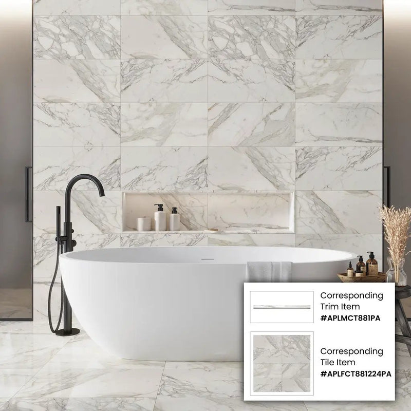 White 0.5x12 Polished Calacatta Gold Pencil Marble Tile Trim (10 pack, 0.5 sq ft/case) by Apollo Tile