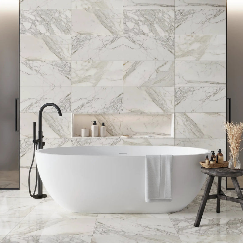 White 0.5x12 Polished Calacatta Gold Pencil Marble Tile Trim (10 pack, 0.5 sq ft/case) by Apollo Tile