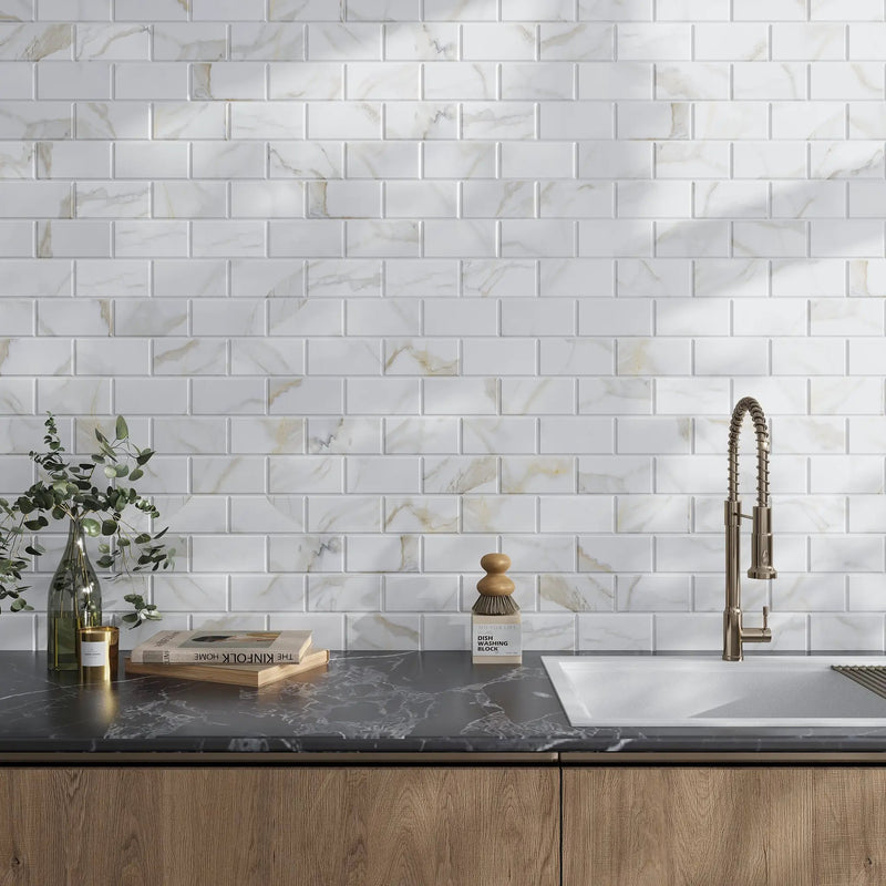 White 3x6 Polished Beveled Subway Calacatta Gold Marble Tile (40 pack, 5 sq ft/case) by Apollo Tile
