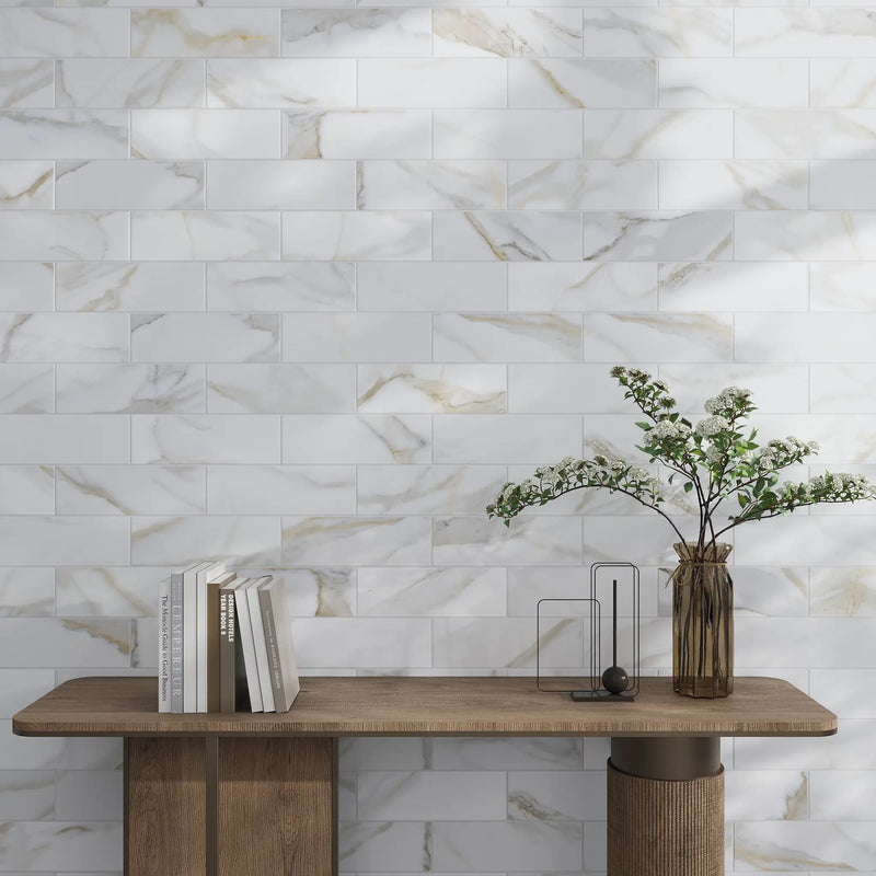 White 4x12 Honed Subway Calacatta Gold Marble Tile (15 pack, 5 sq ft/case) by Apollo Tile