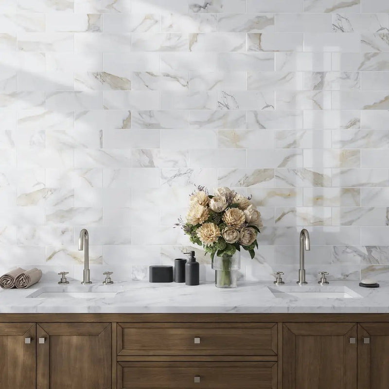 White 4x12 Polished Subway Calacatta Gold Marble Tile (15 pack, 5 sq ft/case) by Apollo Tile