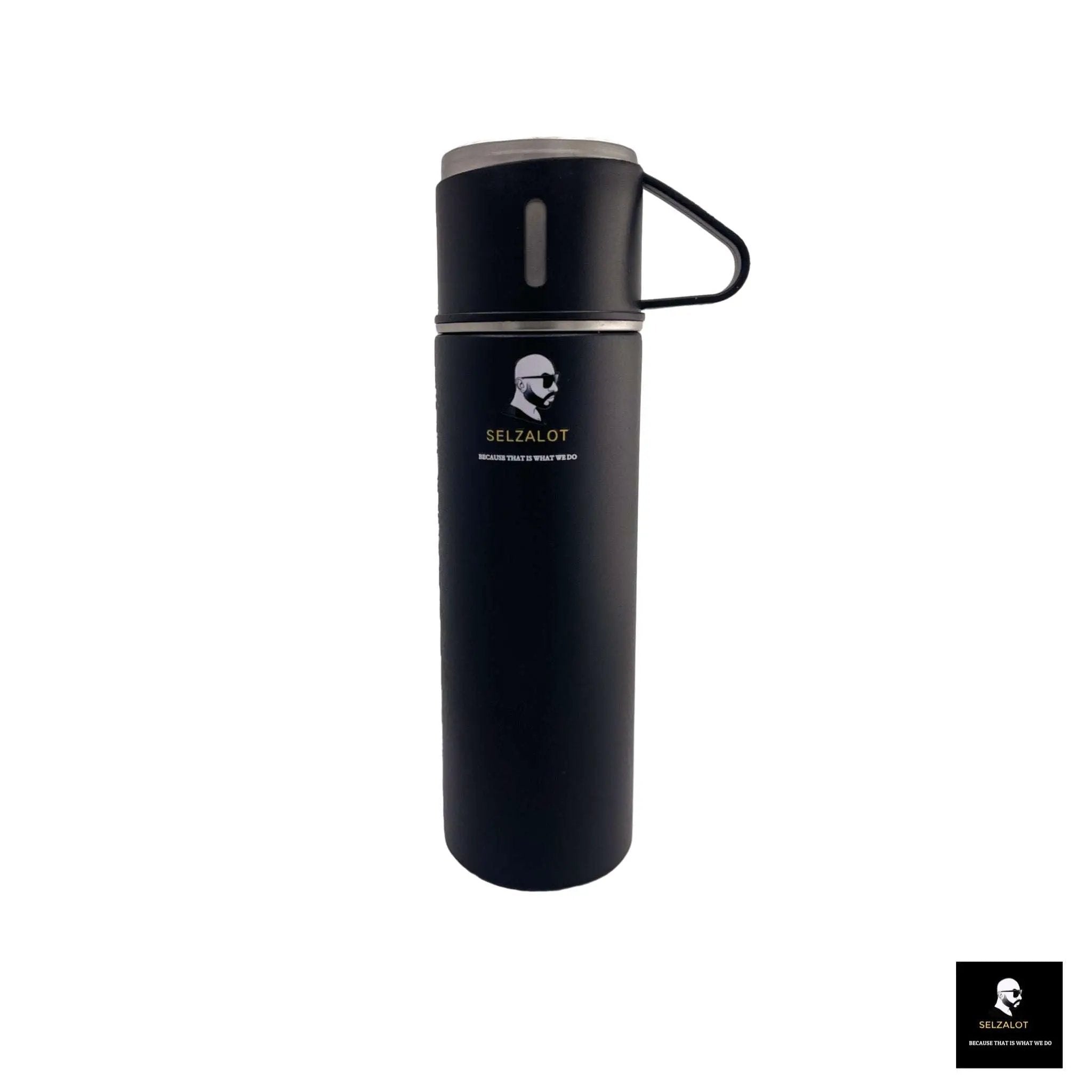 SELZALOT Stainless Steel Vacuum Flask Set, 500ML Gift Set, Black, Thickened Food Grade 304 Stainless Steel, Durable Insulation, Ergonomic Design, with 3 Cups by Selzalot