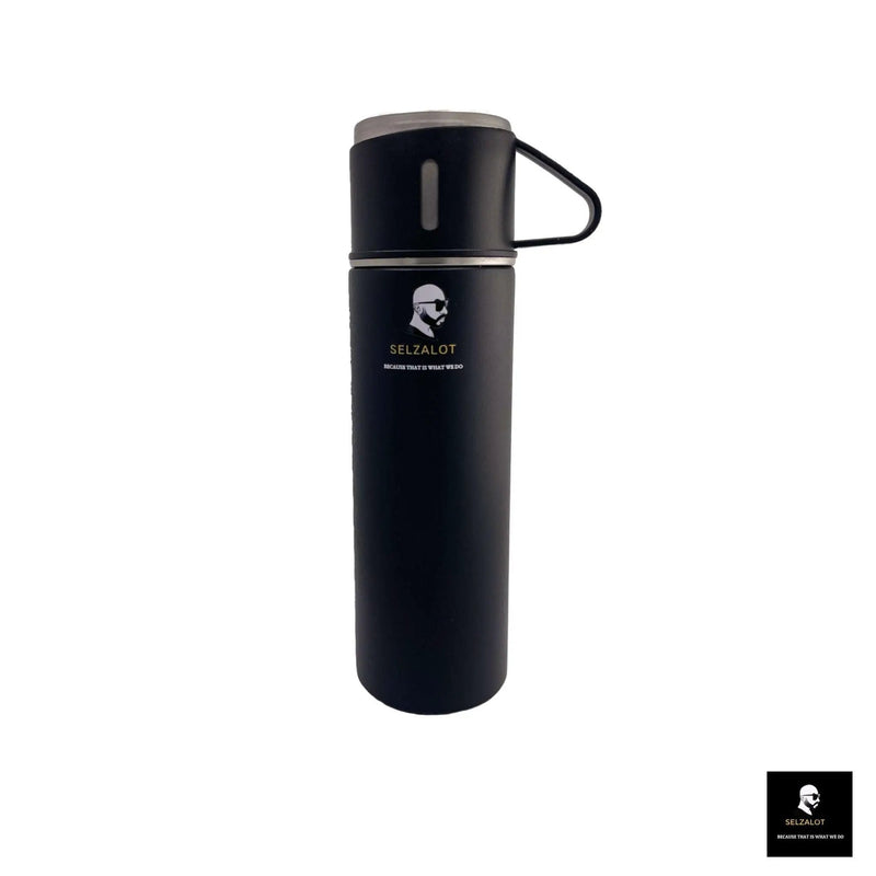 SELZALOT Stainless Steel Vacuum Flask Set, 500ML Gift Set, Black, Thickened Food Grade 304 Stainless Steel, Durable Insulation, Ergonomic Design, with 3 Cups by Selzalot