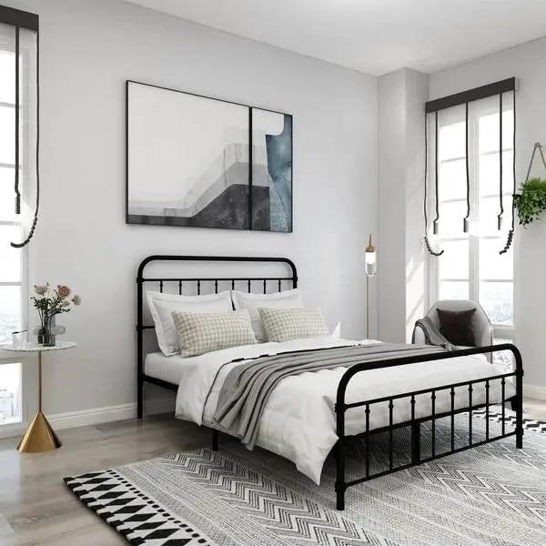 Full size Farmhouse Black Metal Bed Frame with Rounded Headboard Footboard by HomePacific