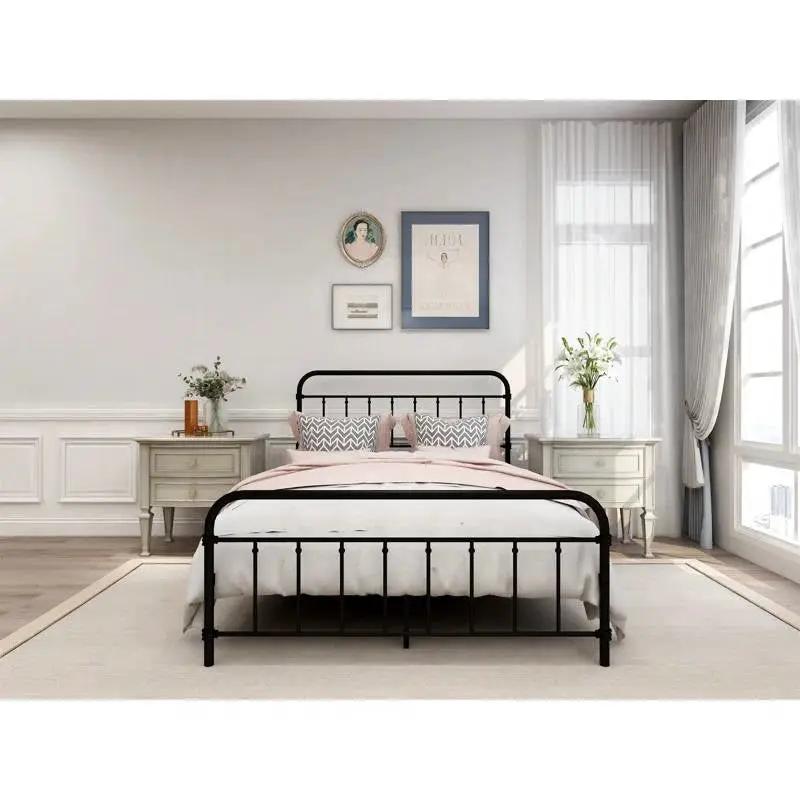 Full size Farmhouse Black Metal Bed Frame with Rounded Headboard Footboard by HomePacific