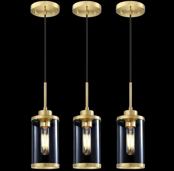 RAINLIGHTING 3 Pack 1 Light Modern Industrial Farmhouse Hanging Kitchen Island Pendant Ceiling Light Fixture, Clear Glass Brushed Bronze Finish Over Sink Restaurant bar Corridor