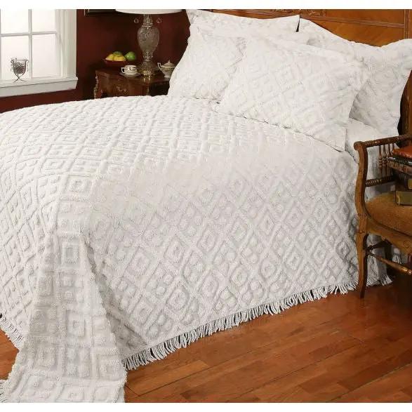 Full size Beige Chenille Cotton Bedspread with Fringe Edges by HomePacific