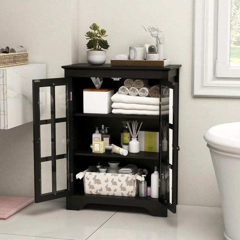 Black Bathroom Storage Linen Cabinet with Adjustable Shelves and Glass Doors by HomePacific