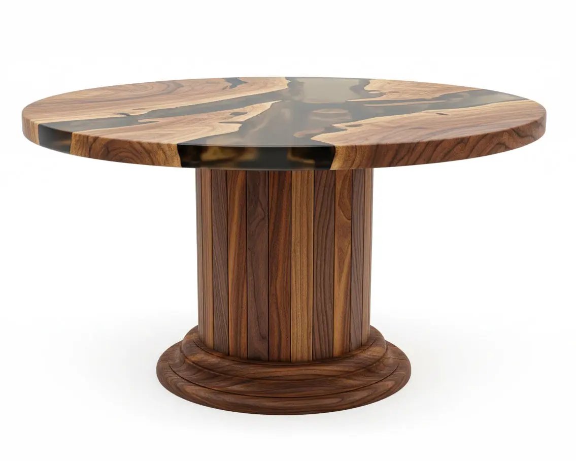 Round Dining Table with Solid Wood Drum Pedestal Base by Gizz