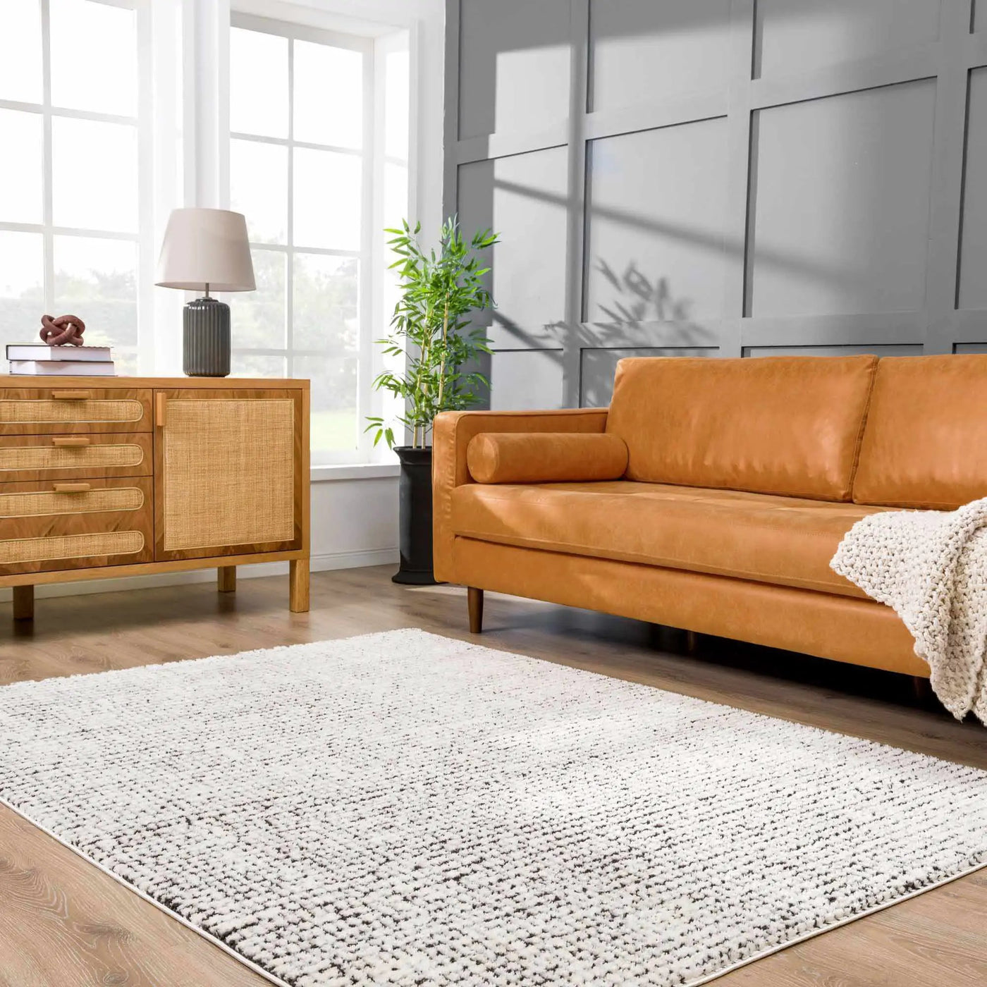 Keita Cream & Black Grid Plush Rug by Boutique Rugs