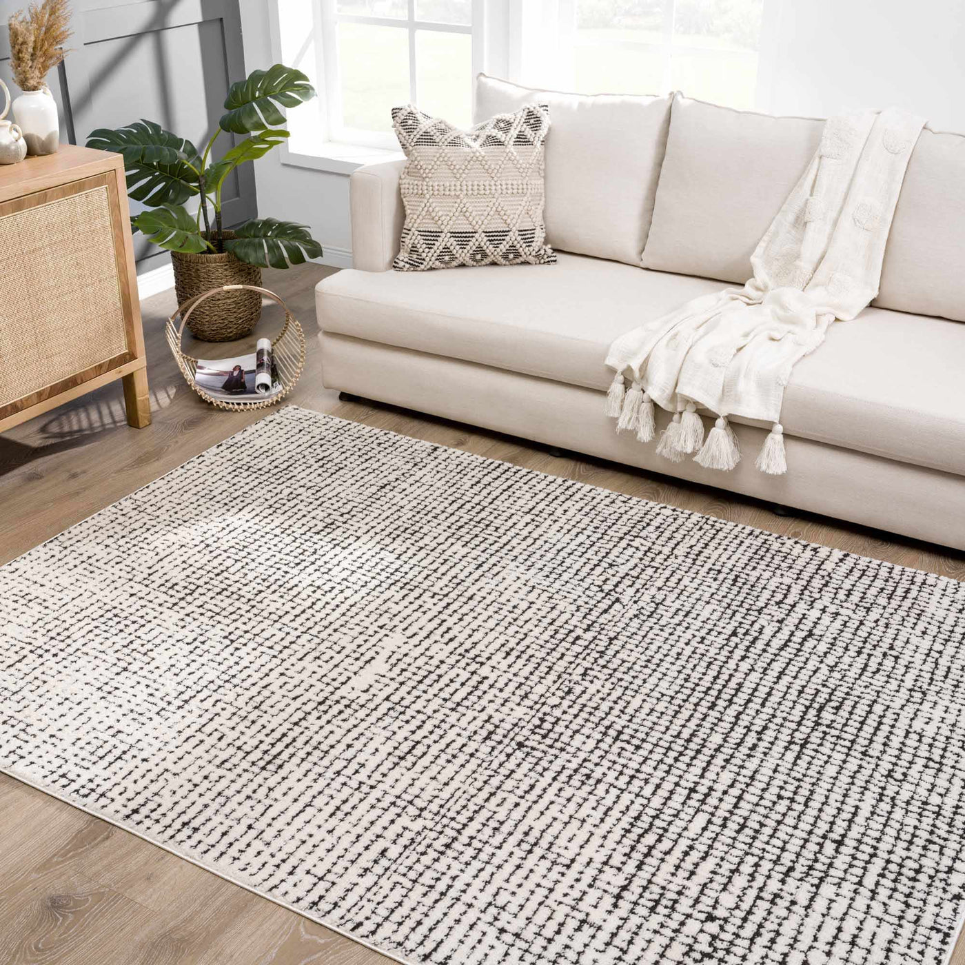Keita Cream & Black Grid Plush Rug by Boutique Rugs