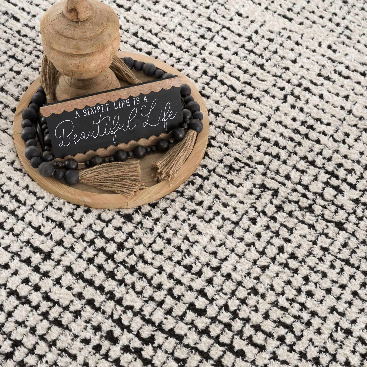 Keita Cream & Black Grid Plush Rug by Boutique Rugs
