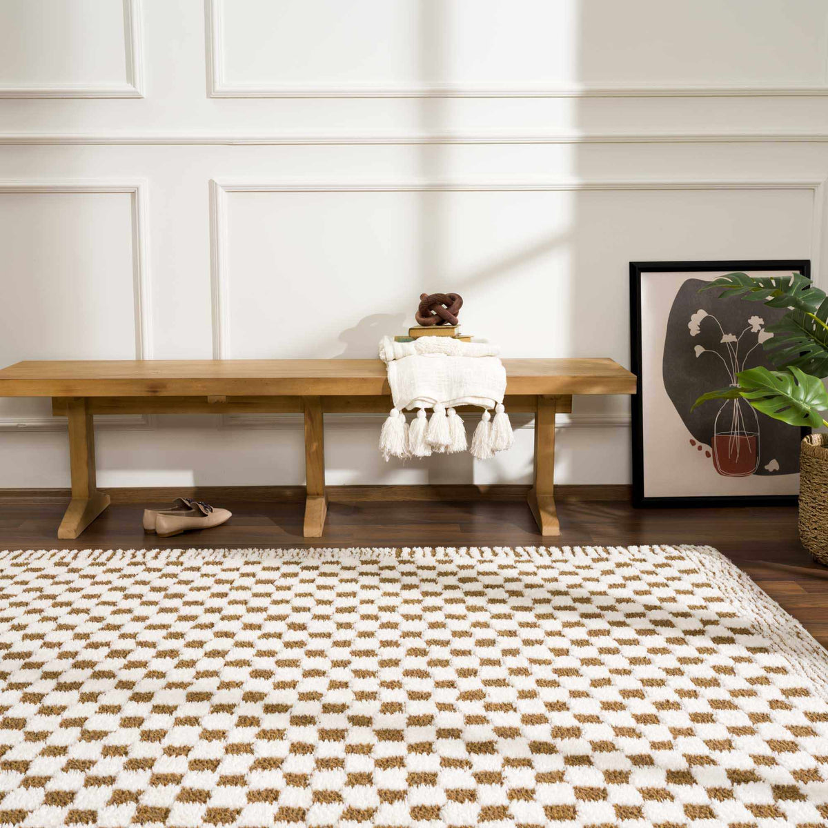 Leryn Brown & White Checkered Area Rug, installed in a room