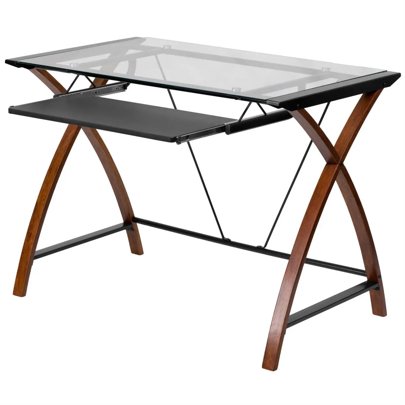 Modern Cherry Finish Glass Top Writing Table Computer Desk with Keyboard Tray by HomePacific