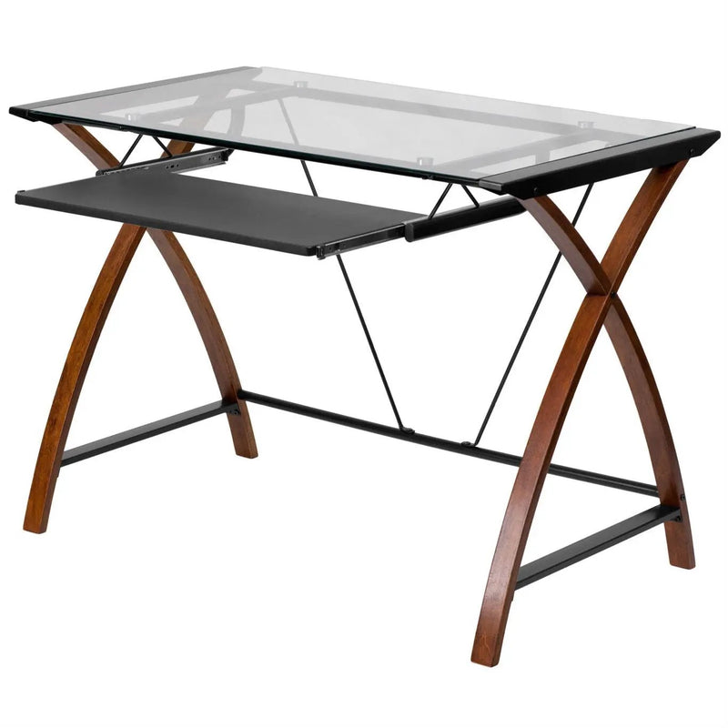 Modern Cherry Finish Glass Top Writing Table Computer Desk with Keyboard Tray by HomePacific
