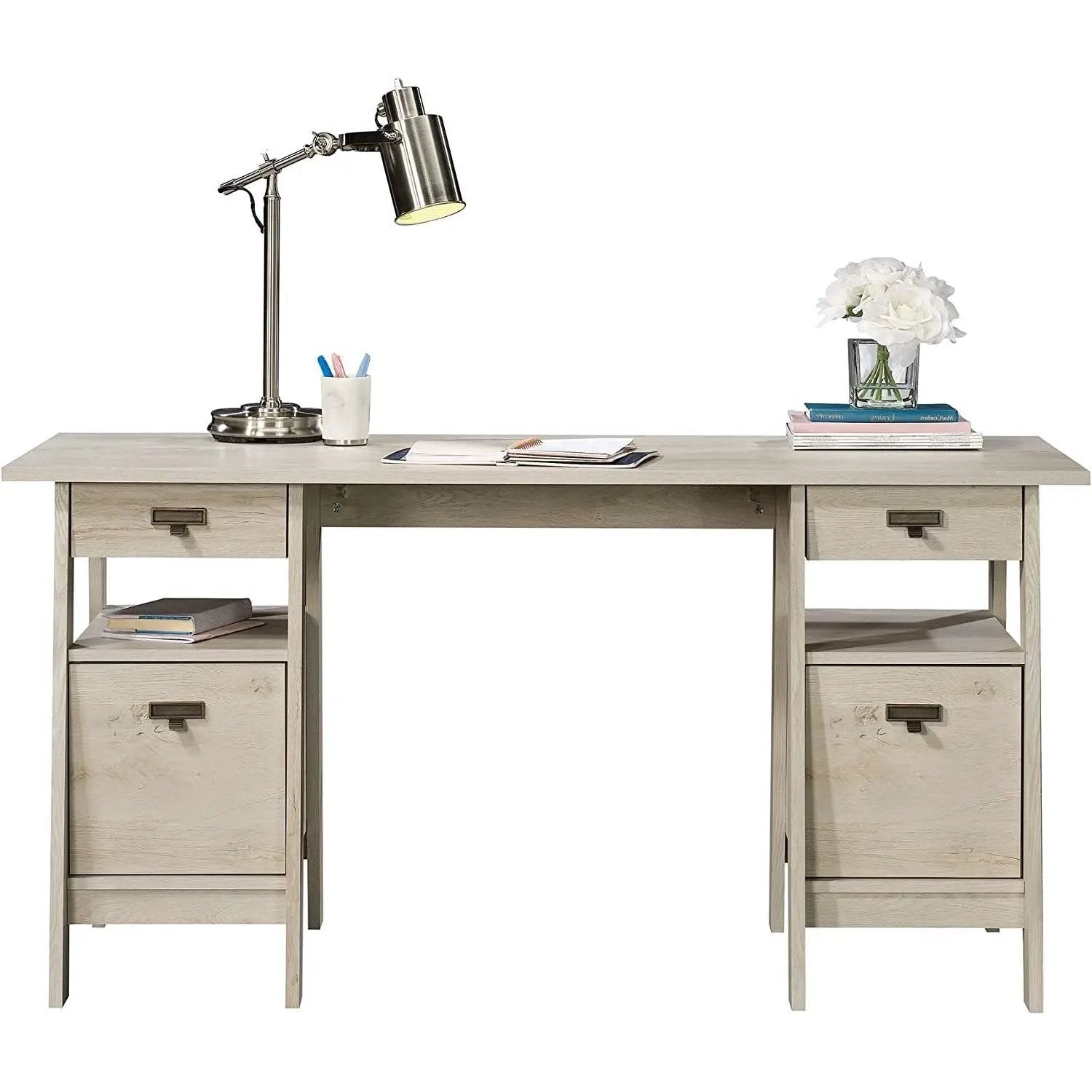 FarmHouse Chalky Oak Executive Desk w/ Filing Cabinets Storage by HomePacific