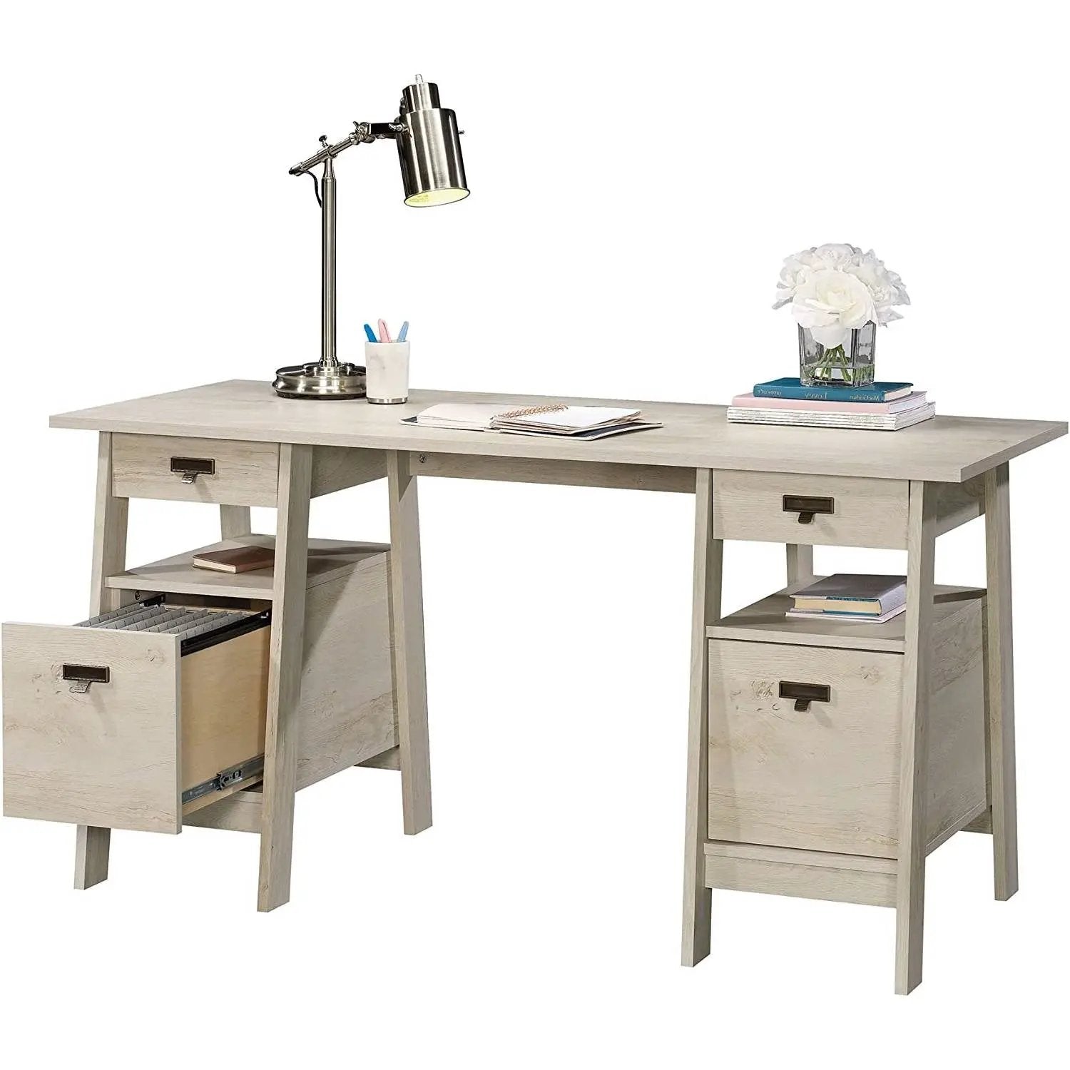 FarmHouse Chalky Oak Executive Desk w/ Filing Cabinets Storage by HomePacific