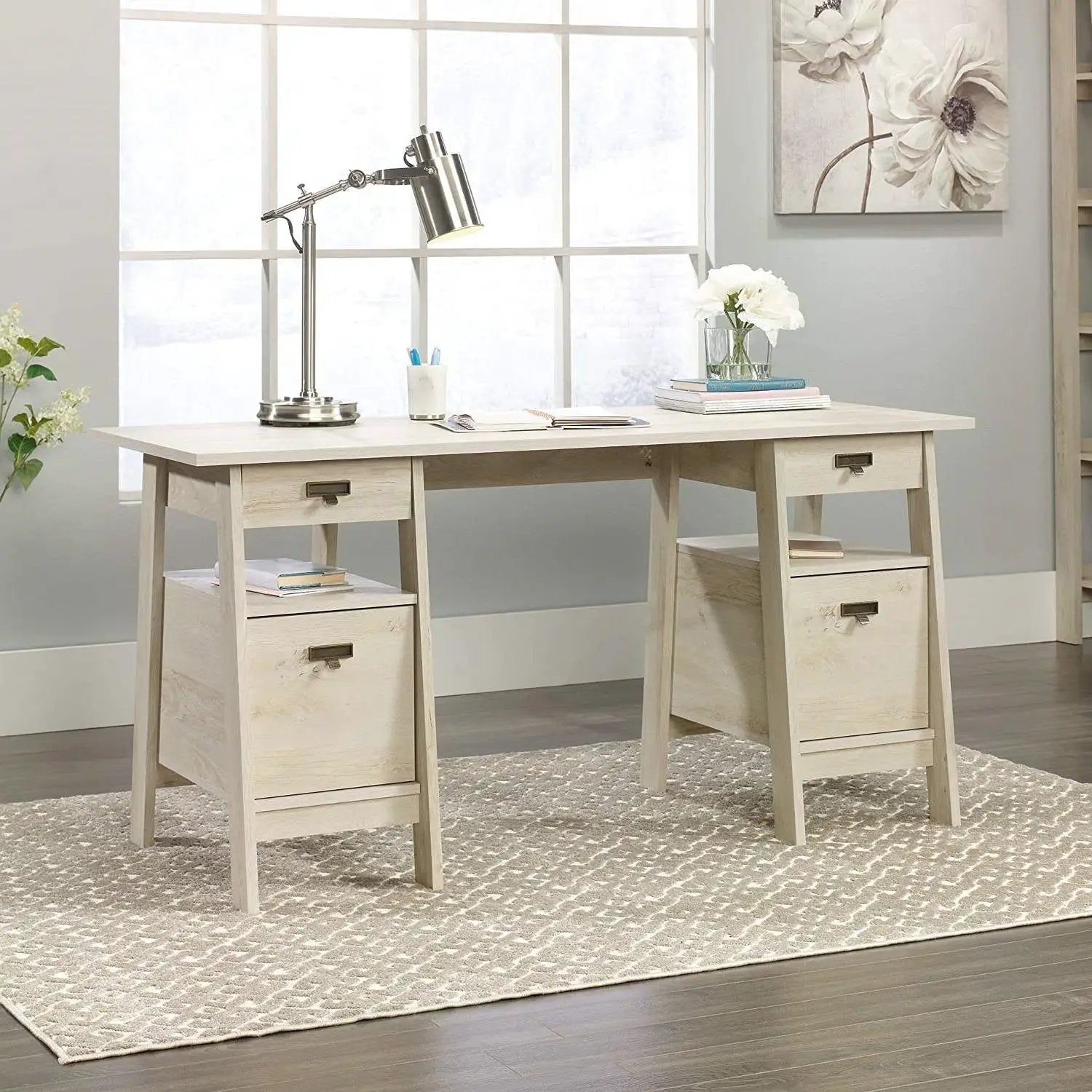FarmHouse Chalky Oak Executive Desk w/ Filing Cabinets Storage by HomePacific