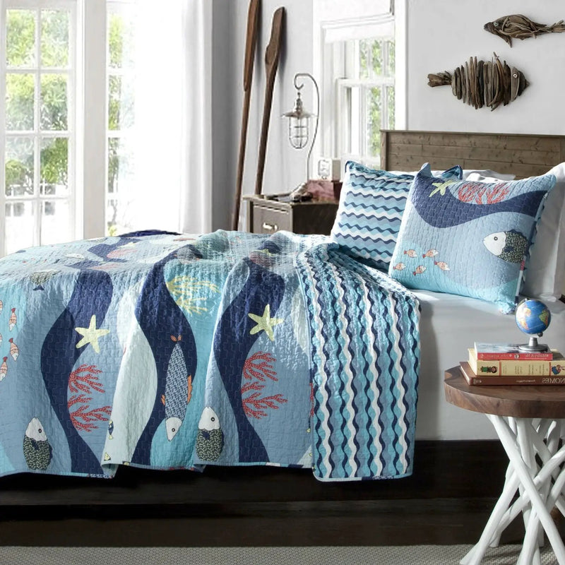 Full / Queen Blue Serenity Sea Fish Coral Coverlet Quilt Bedspread Set by HomePacific