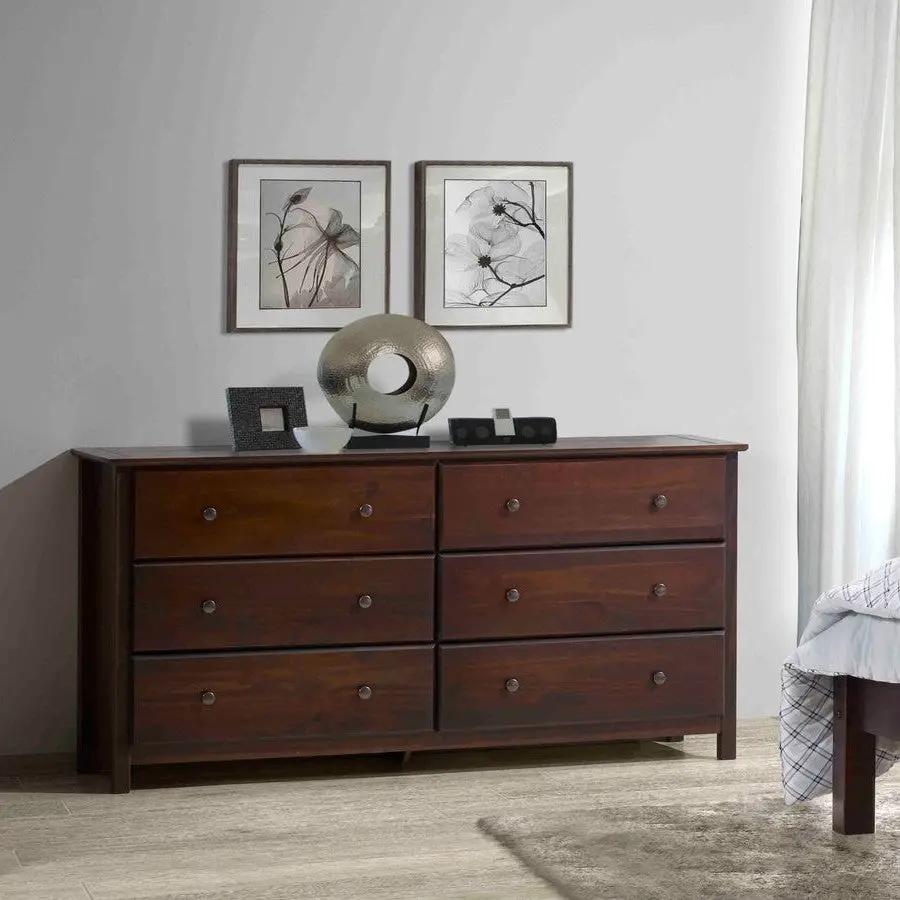 Farmhouse Solid Pine Wood 6 Drawer Dresser in Cherry Finish by HomePacific