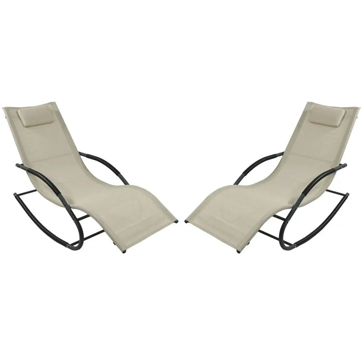 Set of 2 Beige Rocking Chaise Lounger Patio Lounge Chair with Pillow by HomePacific