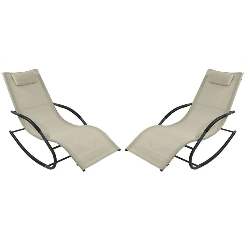 Set of 2 Beige Rocking Chaise Lounger Patio Lounge Chair with Pillow by HomePacific