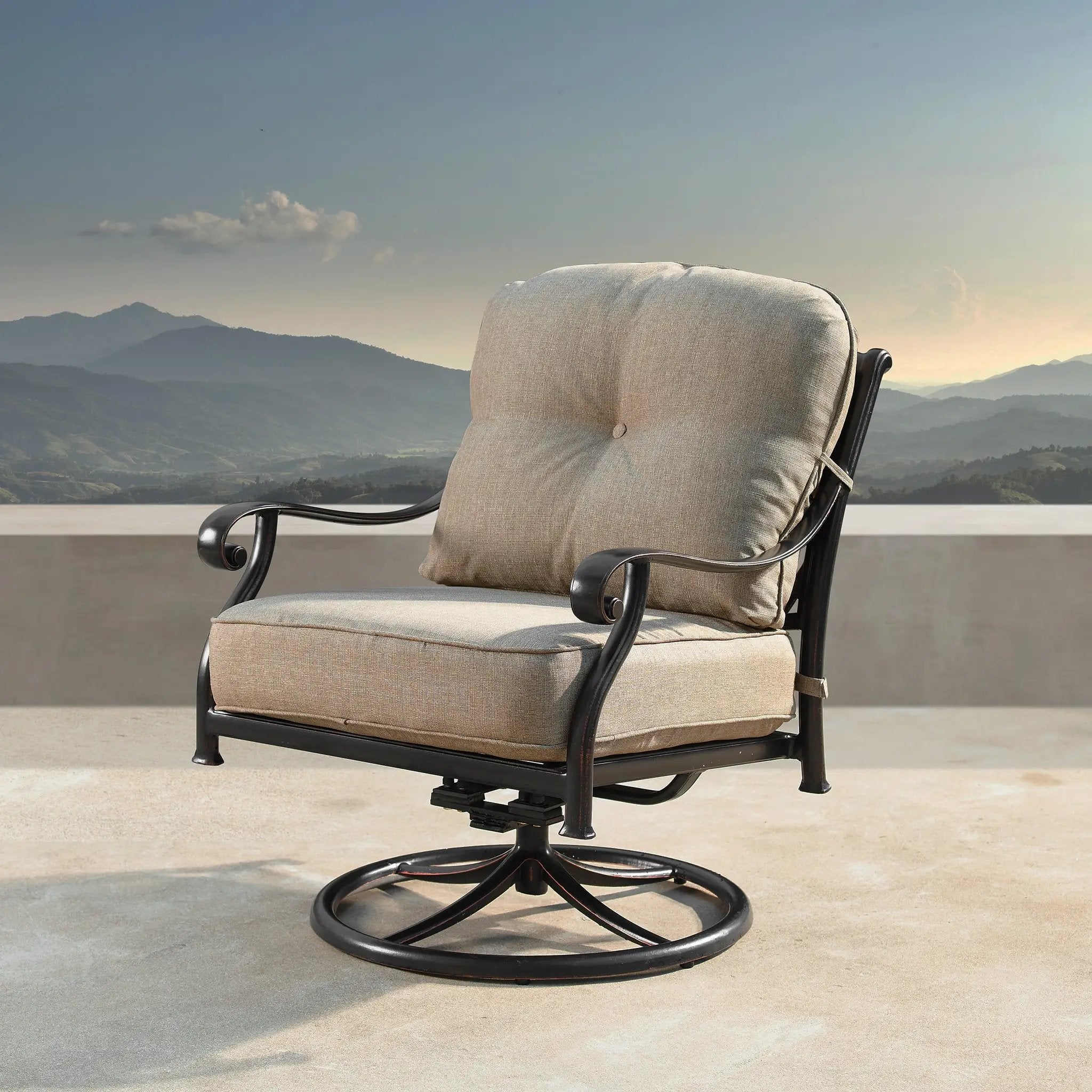 Aluminum Modern Deep Seating Swivel Rocking Club Chairs Tan Cushions by Sharicks