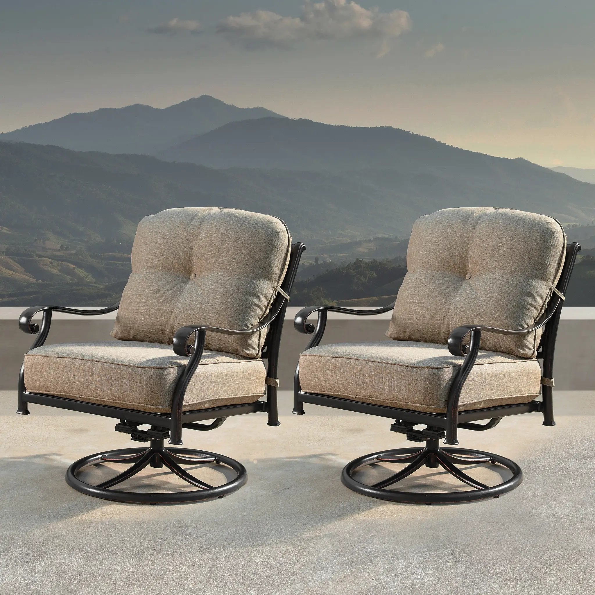 Aluminum Modern Deep Seating Swivel Rocking Club Chairs Tan Cushions by Sharicks