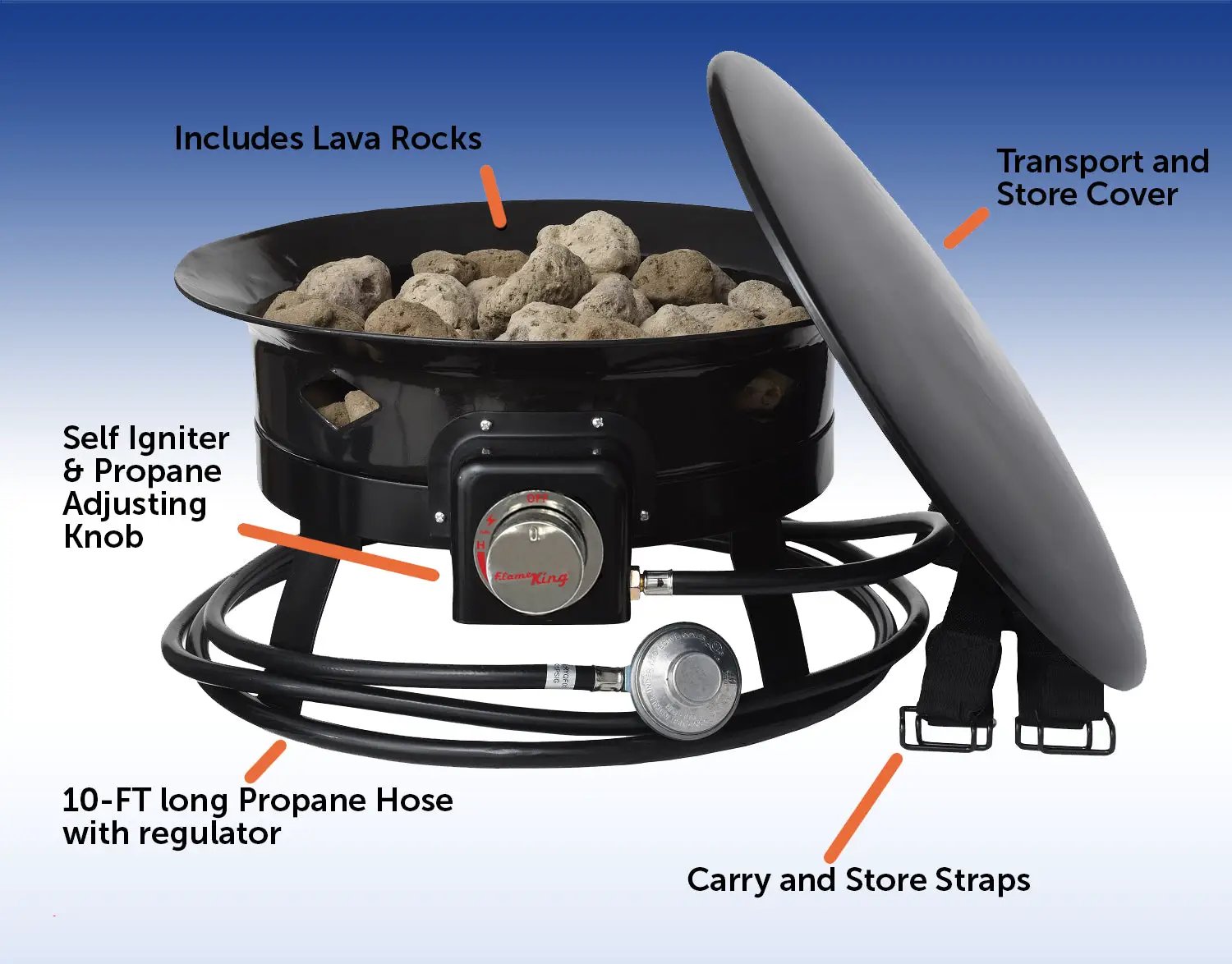 Flame King Outdoor Portable Propane Gas 19″ Fire Pit Bowl with Self Igniter Cover Carry Straps by Flame King Products